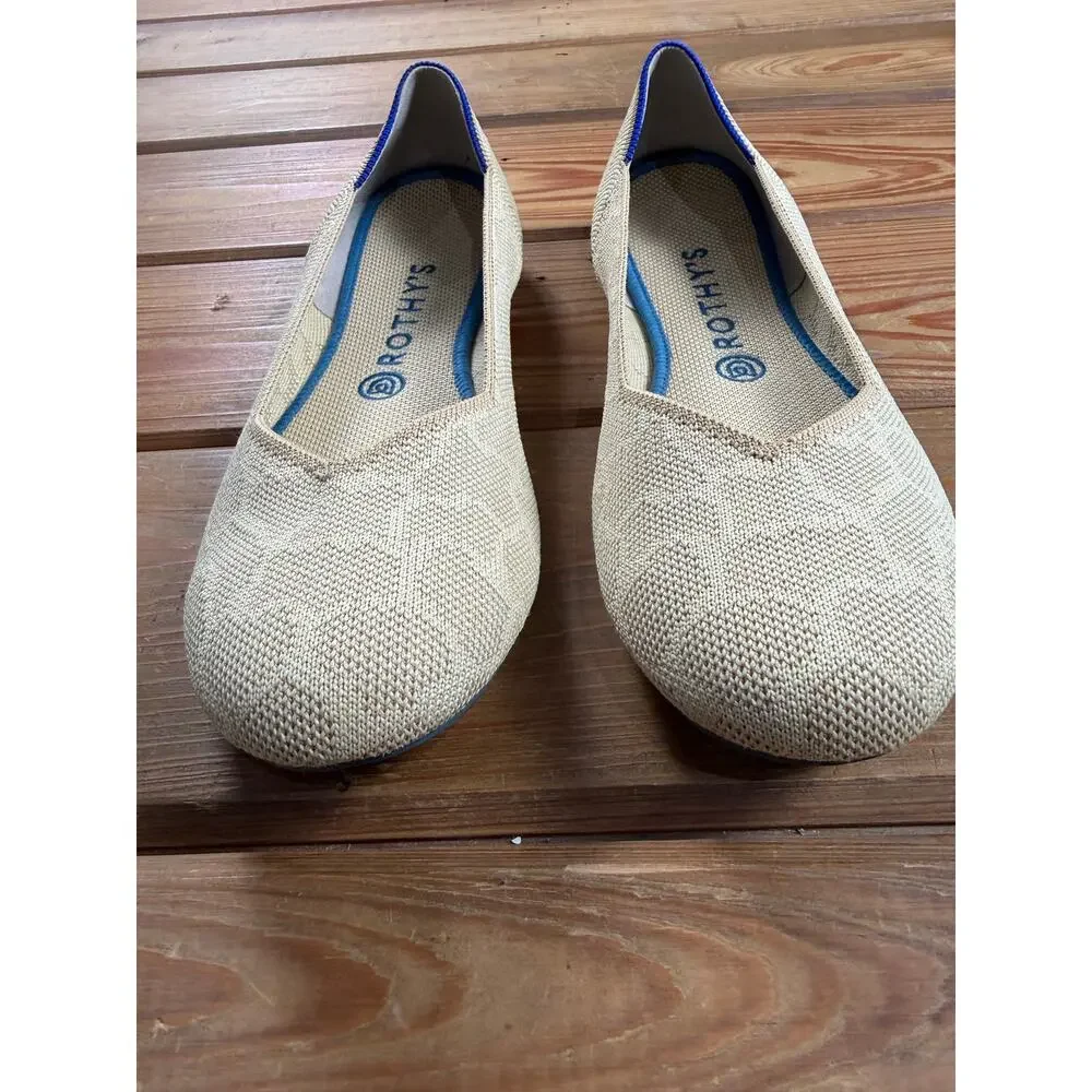 Rothy’s The Flat Beige Tan Knit Ballet Flats Blue Trim Women’s 9.5 Washable